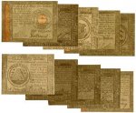 Reproduktion av 10 av Frihetskrigets papperssedlar 1775 till 1779