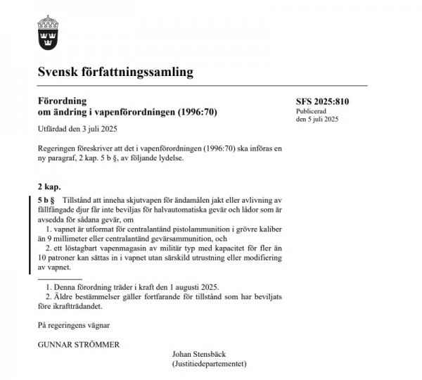 Förordning om ändring i vapenförordningen är nu publicerad.