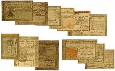 Faksimila papperssedlar från dom 13 ursprungliga delstaterna