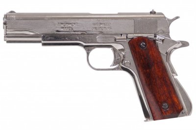 Replika pistol M1911 A1, silver med träkolv
